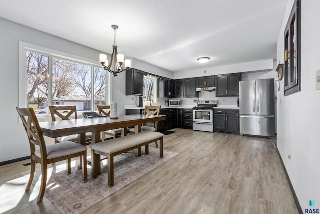 1120 Blaine St, Larchwood, IA 51241 - dining space with an inviting chandelier, a textured ceiling, baseboards, and light wood finished floors