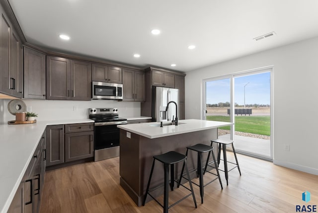 kitchen featuring visible vents, dark brown cabinetry, a kitchen bar, light wood-style floors, and appliances with stainless steel finishes