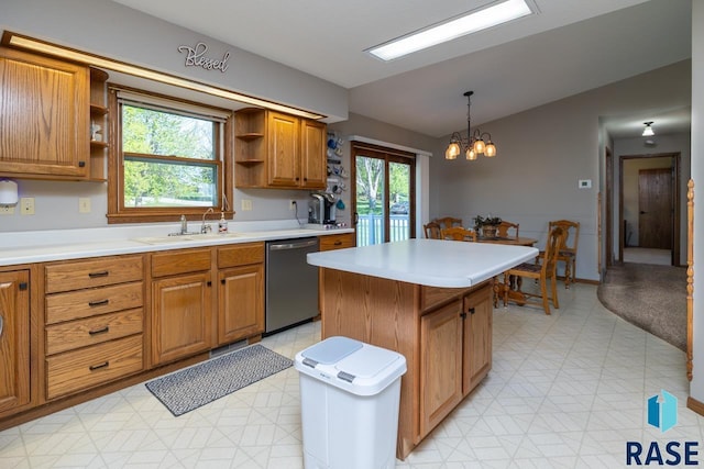 kitchen with dishwasher, open shelves, a sink, lofted ceiling, and brown cabinetry