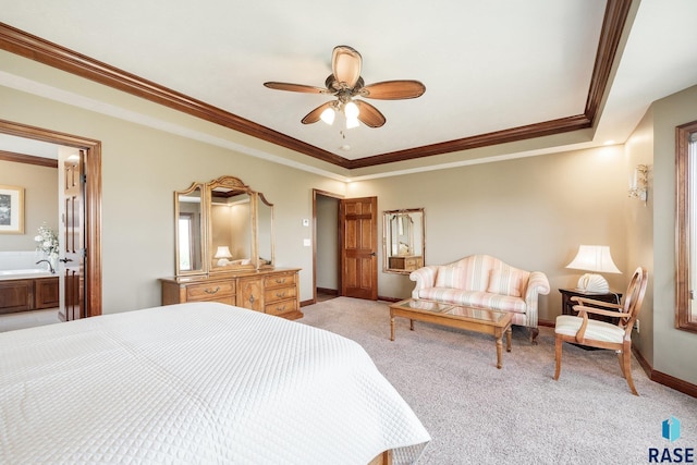 2708 W Bitterroot St, Sioux Falls, SD 57108 - bedroom featuring ornamental molding, light carpet, baseboards, a tray ceiling, and connected bathroom