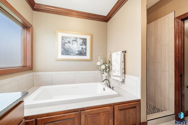 2708 W Bitterroot St, Sioux Falls, SD 57108 - full bath featuring ornamental molding, a bath, tiled shower, and vanity