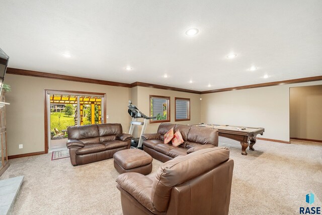 2708 W Bitterroot St, Sioux Falls, SD 57108 - living room featuring light carpet, baseboards, recessed lighting, and ornamental molding