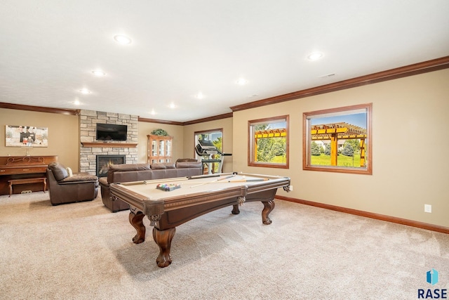 2708 W Bitterroot St, Sioux Falls, SD 57108 - game room featuring carpet floors, crown molding, billiards table, baseboards, and a fireplace