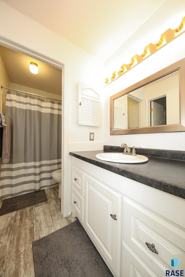 full bathroom with vanity, toilet, and wood finished floors