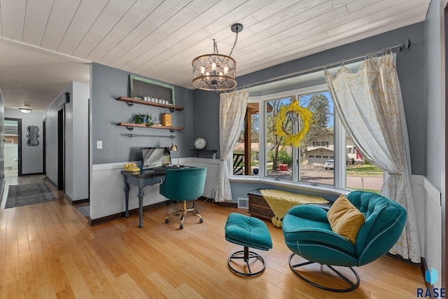 living area with wood finished floors, a chandelier, a desk, and wooden ceiling