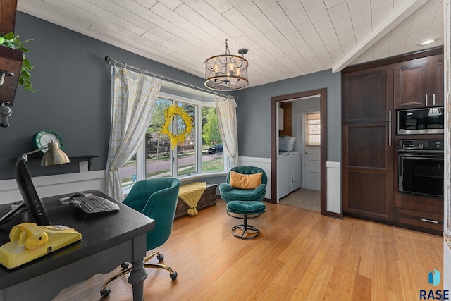 office with separate washer and dryer, a chandelier, plenty of natural light, wainscoting, and wooden ceiling