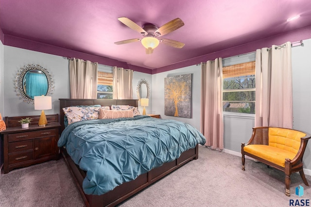 bedroom featuring carpet flooring, baseboards, and ceiling fan