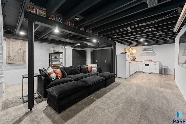 living room with light colored carpet