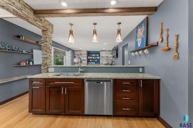 bar with stainless steel dishwasher, a sink, light wood finished floors, baseboards, and beam ceiling