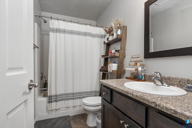 full bathroom with toilet, vanity, shower / tub combo with curtain, and tile patterned flooring