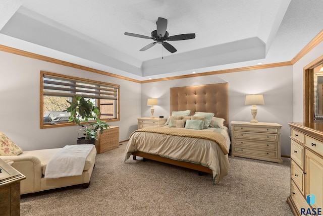 904 W Chicory Ln, Sioux Falls, SD 57108 - bedroom featuring a raised ceiling, light colored carpet, crown molding, and a ceiling fan