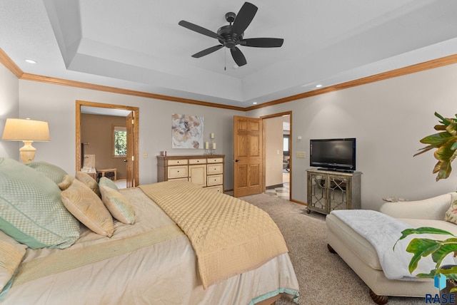 904 W Chicory Ln, Sioux Falls, SD 57108 - bedroom with crown molding, a raised ceiling, carpet flooring, recessed lighting, and baseboards