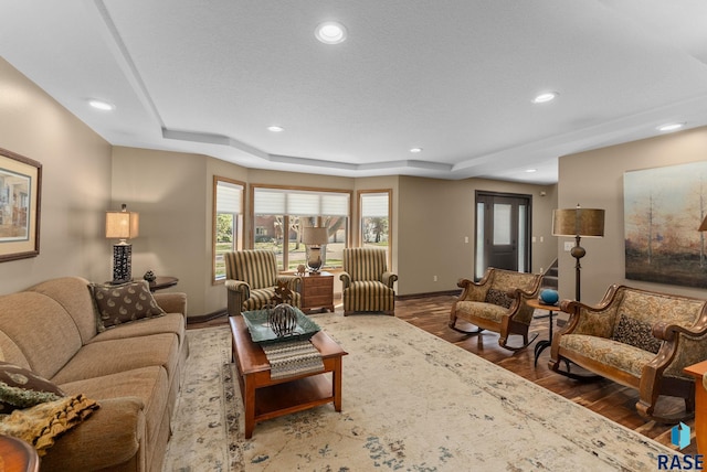 904 W Chicory Ln, Sioux Falls, SD 57108 - living room featuring wood finished floors, baseboards, recessed lighting, and a tray ceiling
