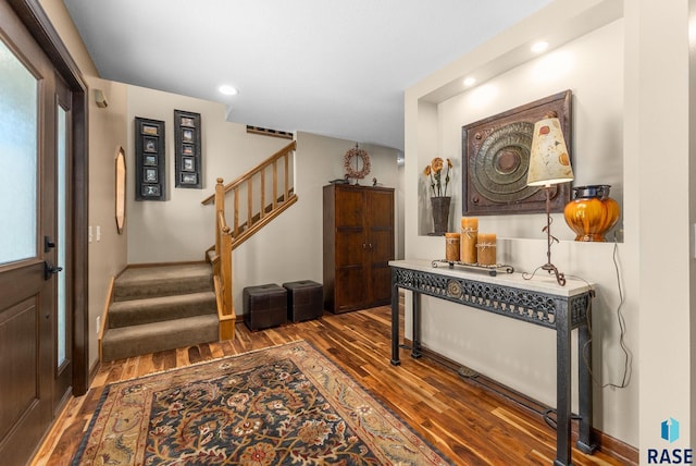 904 W Chicory Ln, Sioux Falls, SD 57108 - entryway with wood finished floors, stairs, recessed lighting, and baseboards