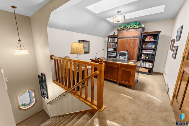904 W Chicory Ln, Sioux Falls, SD 57108 - office area with a skylight, light carpet, lofted ceiling, and baseboards