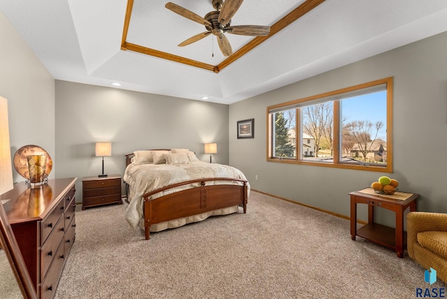 904 W Chicory Ln, Sioux Falls, SD 57108 - bedroom featuring a tray ceiling, light carpet, baseboards, recessed lighting, and ceiling fan