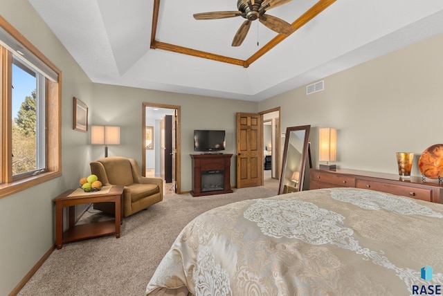 904 W Chicory Ln, Sioux Falls, SD 57108 - bedroom with a raised ceiling, light carpet, a fireplace, baseboards, and ceiling fan