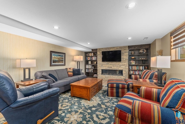 904 W Chicory Ln, Sioux Falls, SD 57108 - carpeted living room with a fireplace, recessed lighting, and built in shelves