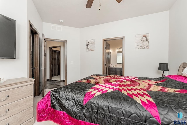 bedroom featuring connected bathroom and a ceiling fan
