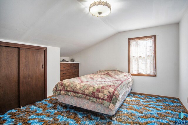 bedroom featuring lofted ceiling and a closet