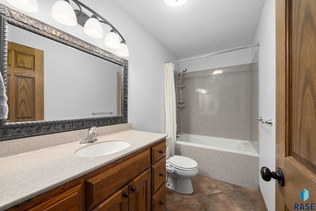 bathroom with toilet, vanity, shower / bathtub combination with curtain, a textured ceiling, and tile patterned floors