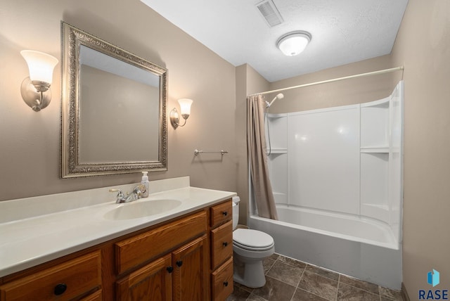 full bath featuring toilet, shower / bath combo, and vanity