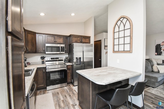 9425 W Liam St, Sioux Falls, SD 57106 - kitchen with stainless steel appliances, light wood-style floors, dark brown cabinetry, lofted ceiling, and light countertops