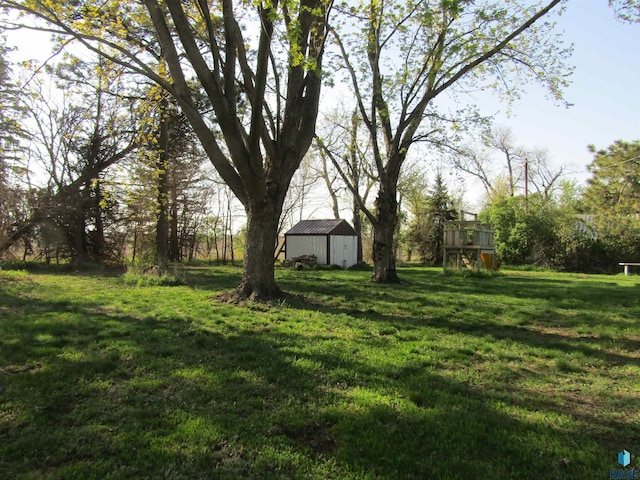 view of grassy yard featuring a storage shed and an outdoor structure