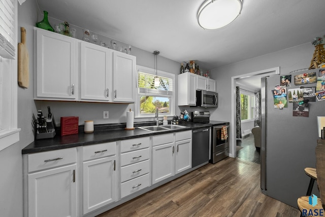 kitchen featuring appliances with stainless steel finishes, a sink, dark countertops, white cabinetry, and dark wood-type flooring