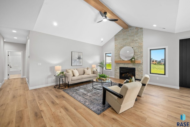 6609 E Corsair Dr, Sioux Falls, SD 57110 - living area featuring ceiling fan, light wood-style flooring, a fireplace, baseboards, and recessed lighting