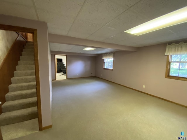 1208 Hampshire Cir, Luverne, MN 56156 - below grade area featuring stairway, baseboards, carpet flooring, and a drop ceiling