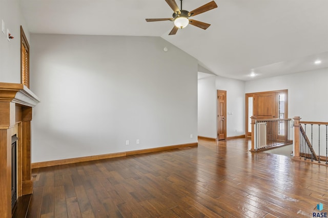 unfurnished living room with a ceiling fan, hardwood / wood-style floors, a fireplace, recessed lighting, and lofted ceiling