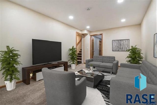 living room featuring stairs, recessed lighting, and carpet flooring