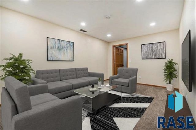 living room with recessed lighting, carpet flooring, and baseboards