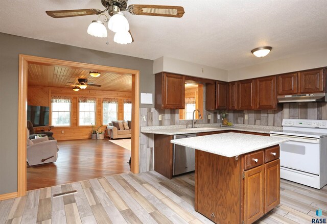 47743 233a St, Egan, SD 57024 - kitchen featuring white range with electric cooktop, dishwasher, under cabinet range hood, ceiling fan, and a sink