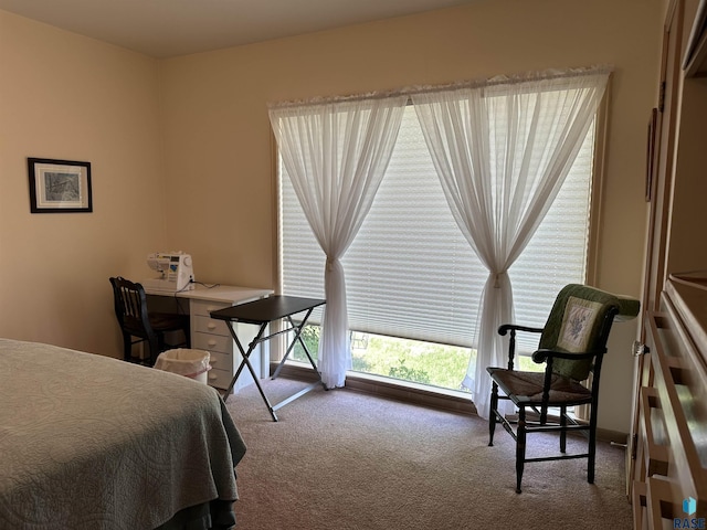 carpeted bedroom featuring a desk