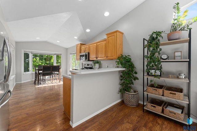 kitchen with appliances with stainless steel finishes, lofted ceiling, dark wood-style flooring, light countertops, and a peninsula