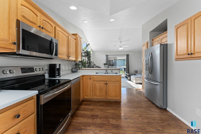 kitchen featuring stainless steel appliances, a peninsula, open floor plan, dark wood-style floors, and light countertops