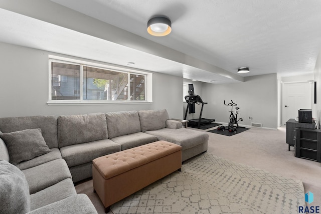 living area featuring light carpet