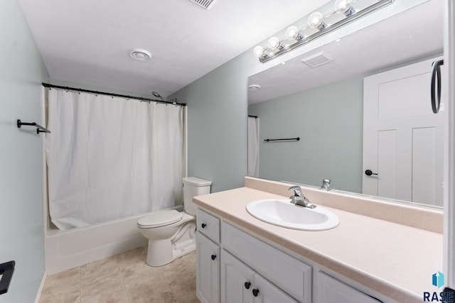 bathroom with vanity, toilet, shower / bath combination with curtain, and tile patterned flooring