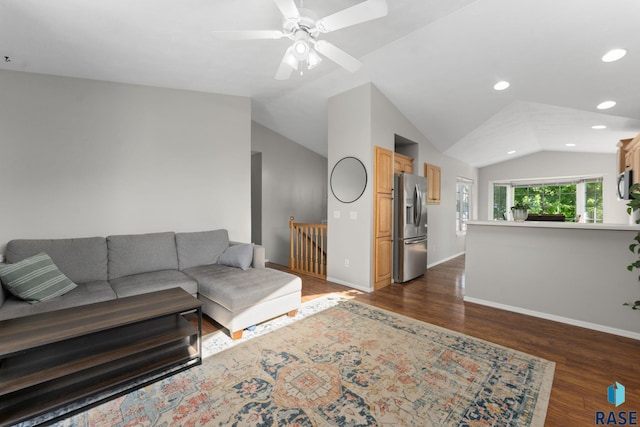 living area with lofted ceiling, recessed lighting, dark wood-style flooring, baseboards, and a ceiling fan