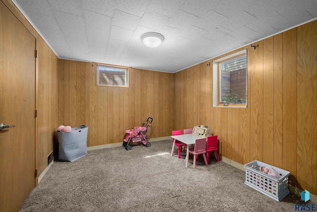 rec room with carpet floors and wooden walls