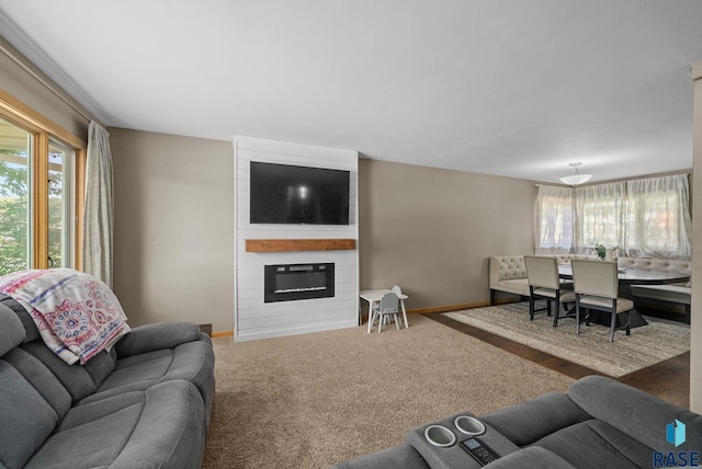 living area featuring baseboards and a large fireplace