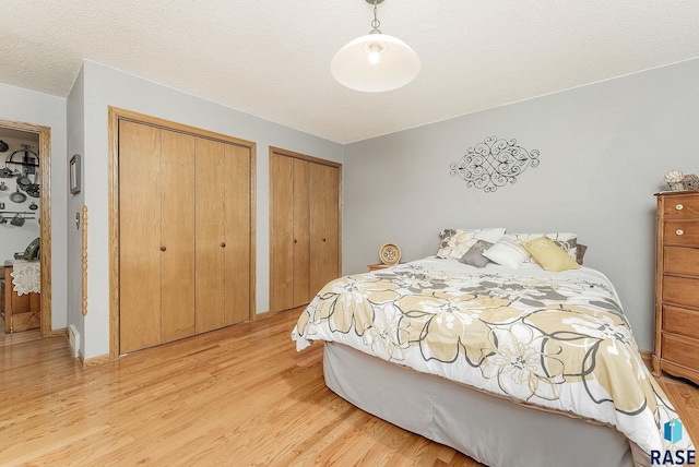 bedroom featuring light wood-type flooring and two closets