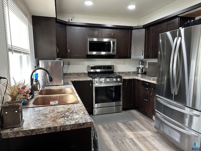 531 N Adams St, Salem, SD 57058 - kitchen featuring appliances with stainless steel finishes, a sink, dark brown cabinets, light wood finished floors, and ornamental molding