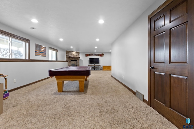 2300 Carson Cir, Tea, SD 57064 - playroom with carpet flooring, recessed lighting, baseboards, billiards, and a fireplace