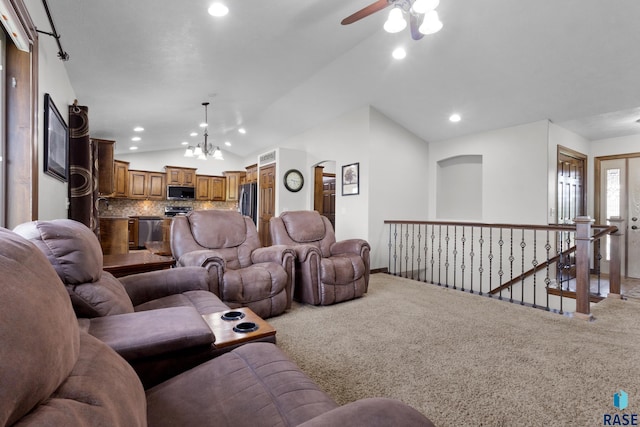 2300 Carson Cir, Tea, SD 57064 - living room featuring lofted ceiling, a ceiling fan, light colored carpet, a chandelier, and recessed lighting