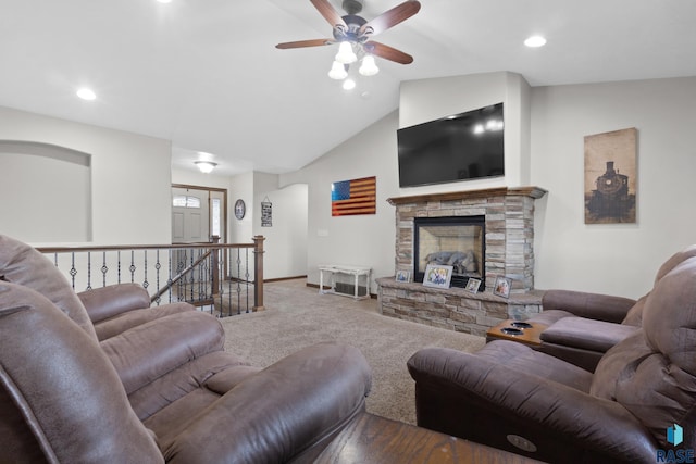 2300 Carson Cir, Tea, SD 57064 - carpeted living room with ceiling fan, recessed lighting, a fireplace, vaulted ceiling, and baseboards