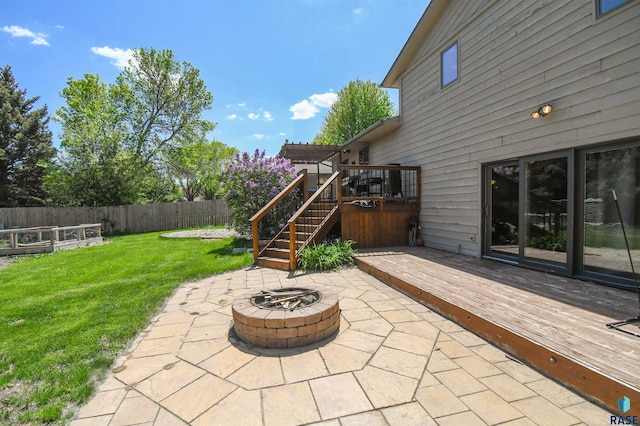 4600 S Harrington Ave, Sioux Falls, SD 57103 - view of patio with a fire pit, a wooden deck, and stairway