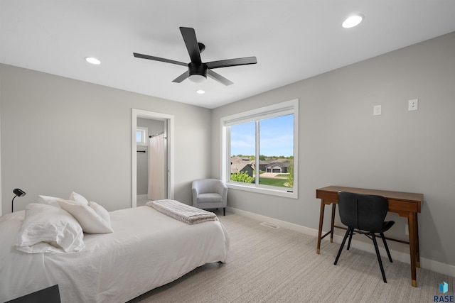 2009 S Firestone Ln, Sioux Falls, SD 57110 - bedroom featuring baseboards, recessed lighting, light carpet, a ceiling fan, and a desk